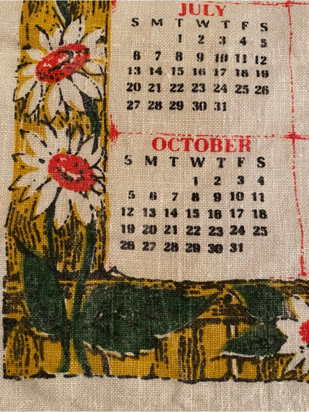 Vintage 1969 Dish Towel Calendar Rooster & Flowers Linen Retro Rustic Farmhouse